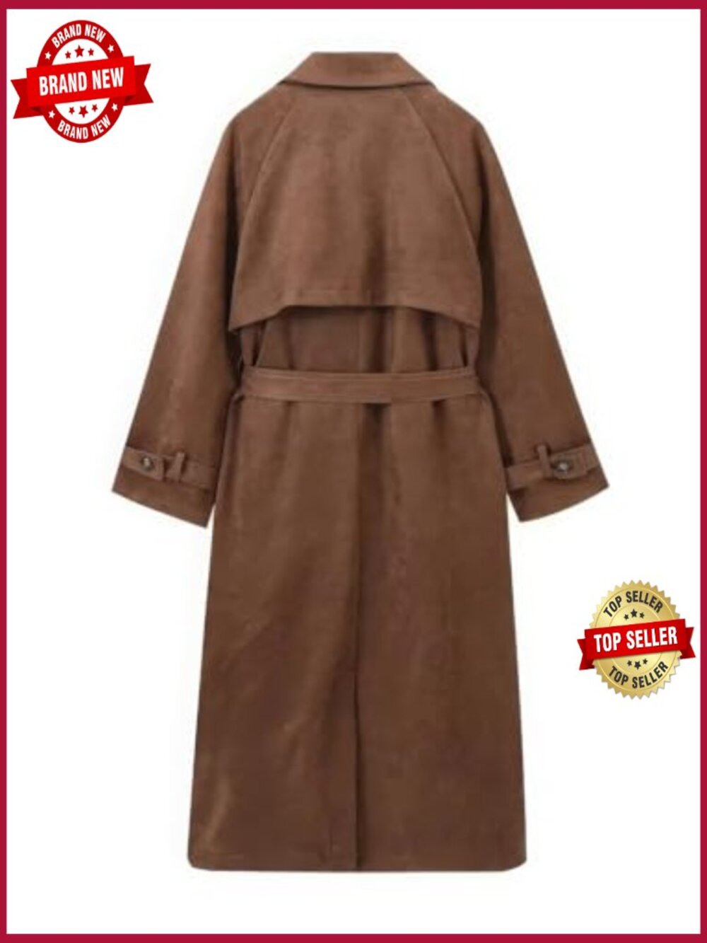 Faux Suede Open Front Long Trench Coat Double Breasted Maxi Overcoat with Belt - Picture 3 of 5